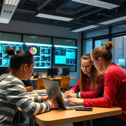 Students collaborating in a high-tech modern classroom environment