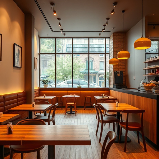 Modern minimalist cafe interior with warm lighting and wooden furniture
