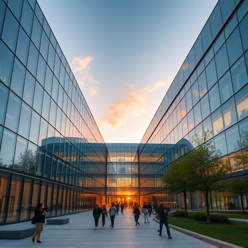 Modern university campus architecture with sleek glass buildings and students walking, sunset lighting, high-end architectural photography