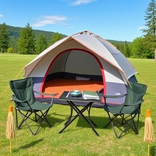 Beginner camping gear set including tent, chairs and table