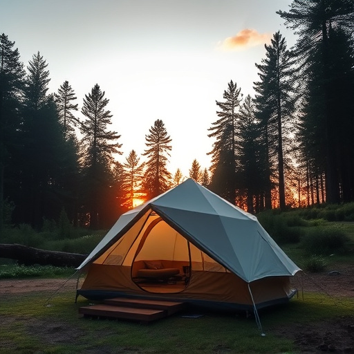 Luxury camping tent setup in a scenic forest at sunset