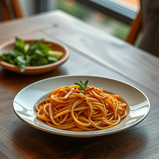 Modern Italian pasta dish on a wooden table with soft lighting