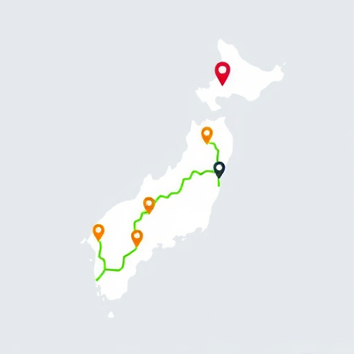 A stylized minimalist map of Jeju Island with green route lines and pin markers for travel locations