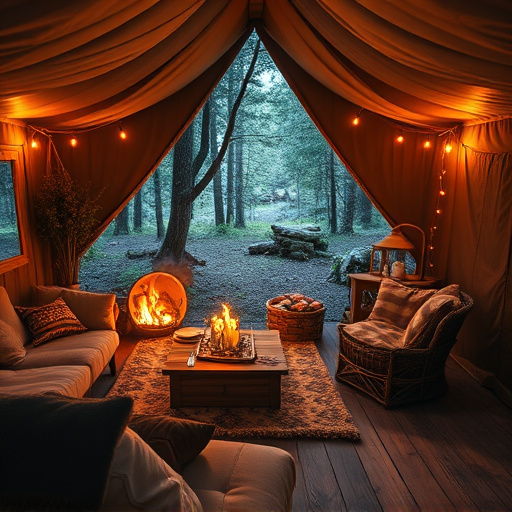 Aesthetic camping gear set with warm lighting and wooden furniture