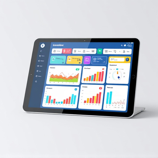 A sleek, futuristic tablet displaying a colorful educational dashboard with charts and 3D icons