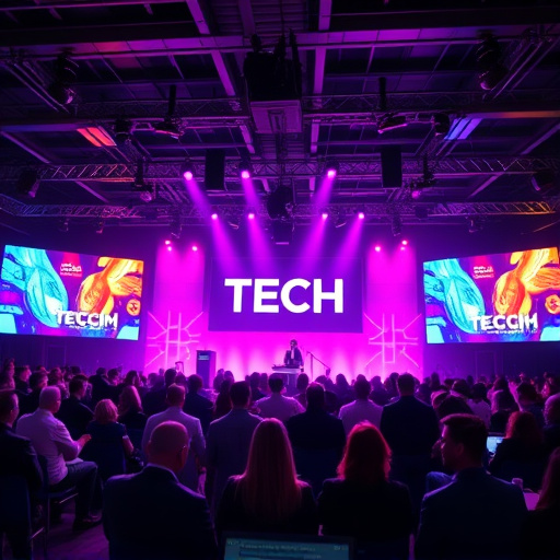 Dynamic tech seminar stage, neon indigo lighting, audience engaged with interactive displays, professional atmosphere