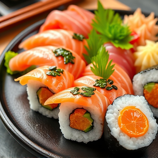 Japanese sushi platter with fresh sashimi and wasabi