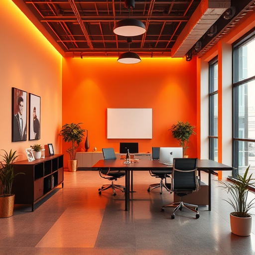 Modern minimalist office space with warm orange lighting and professional atmosphere