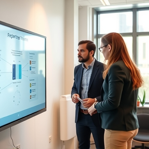 Professional mentor and mentee discussing a project on a large screen in a bright office
